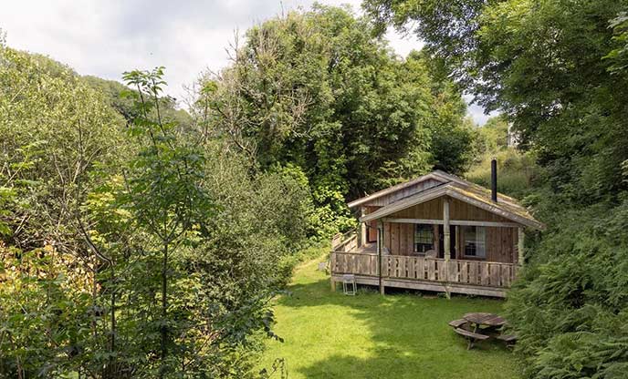 Y Berllan wood cabin surrounded by trees on Dinas Island