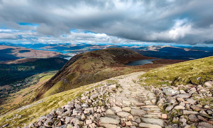 A view of the cobbled footpath over Ben Nevis in Scotland
