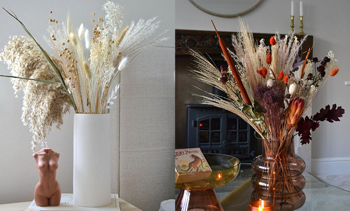 Neutral bunch of pampas flowers (left) and an autumnal toned pampas bunch (right)