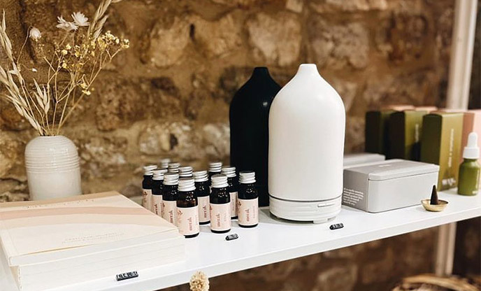 Essential oil and ceramic diffuser on display by Merak & Co