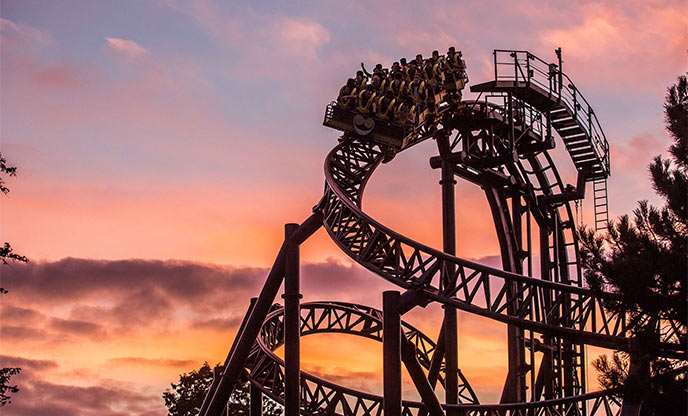 Sunset over rollercoaster at Alton Towers Resort