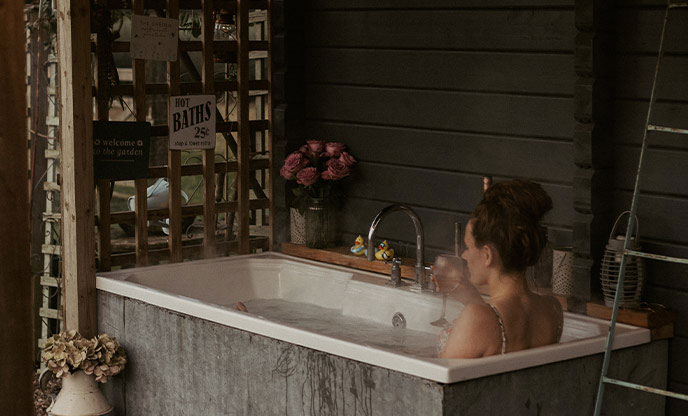 Steam rising from an outdoor bathtub