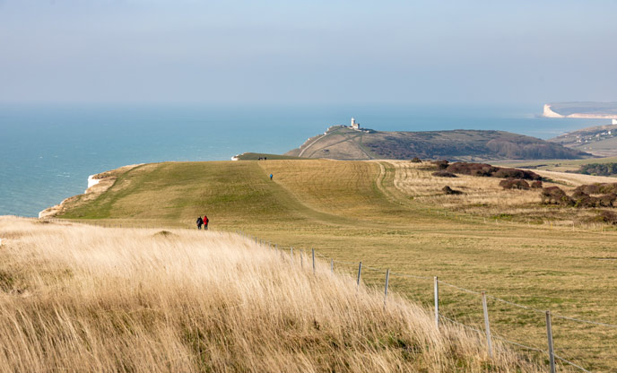 Walking in the south downs National Park with sea views 