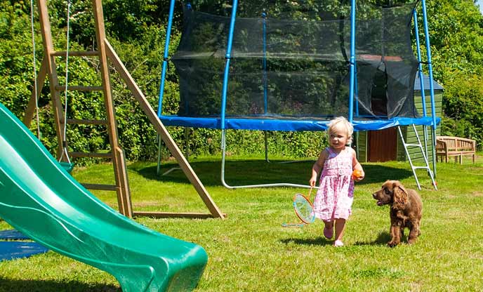 Pet friendly glamping - toddler and spaniel in play area