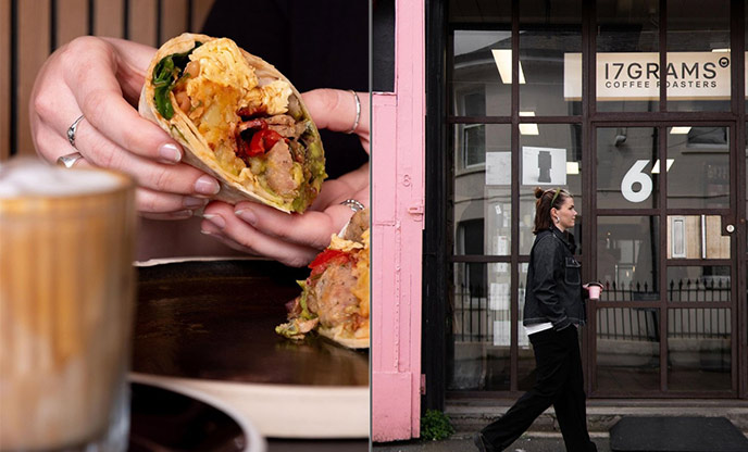 Breakfast burrito and iced coffee (left) & woman dressed in black walking passed a pink coffee shop