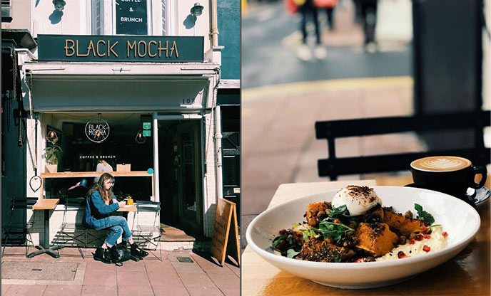 Woman sitting outside of Black Mocha coffee shop (left) and brunch dish with a cup of coffee (right)