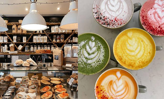 Display of food and coffee blends at shop counter (left) and an assortment of colourful lattes (right)