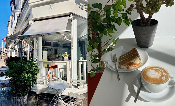 Chic white exterior of a coffee shop on a street corner (left) & coffee and cake (right)