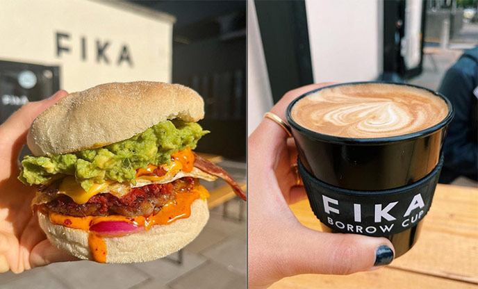 Breakfast muffin with bacon, egg and avocado (left) and Fika coffee (right)