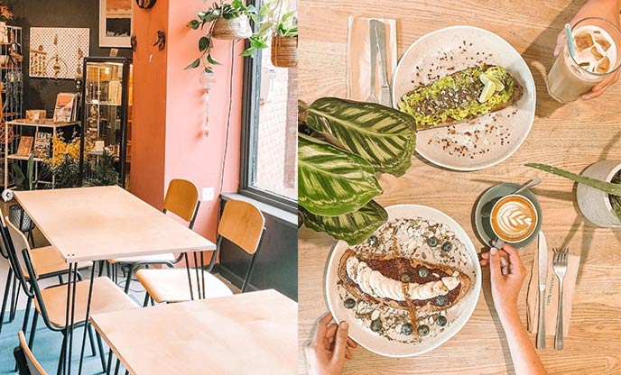 Pastel interiors of Laughing Dog coffee shop (left) and breakfast dishes (right)