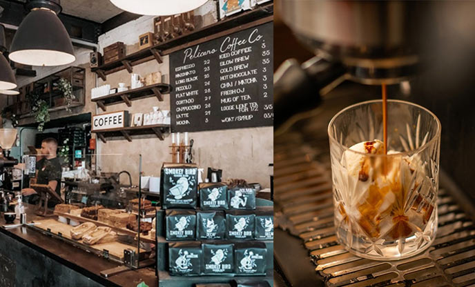 Warm rustic interior of Pelicano coffee shop with a display of delicious cakes (left) & coffee being made from a coffee machine (right) 
