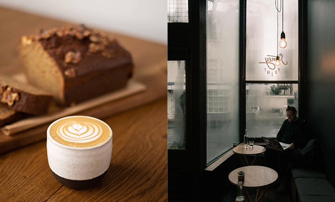 Coffee and walnut cake (left) & coffee shop corner with low lighting and misty windows (right)
