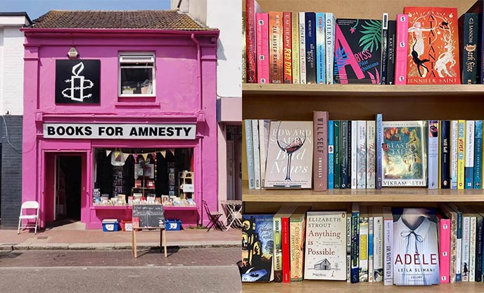 Bright pink exterior of bookshop in Brighton (left) and book shelf display (right)
