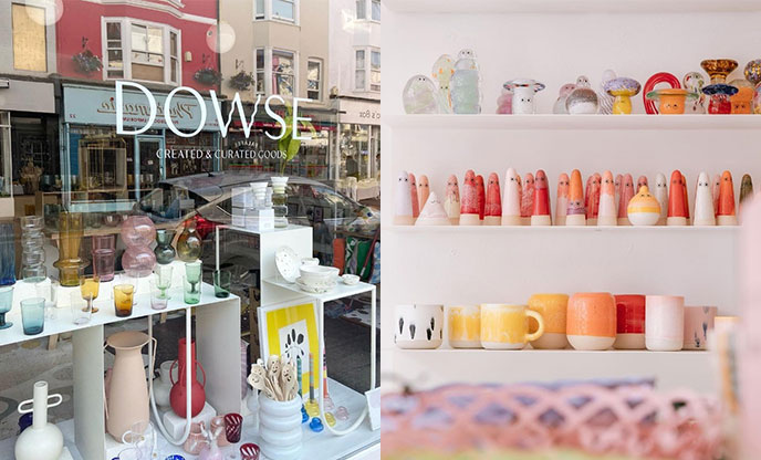 Colourful shop window display (left) and a display of funky ceramics (right)