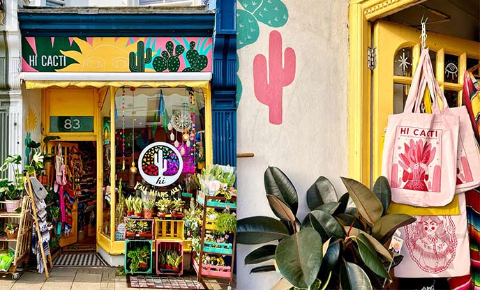 Colourful exterior of Mexican inspired plant shop (left) and tote bag display (right)