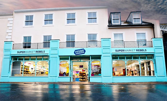 Bright blue exterior of ethical supermarket in Brighton