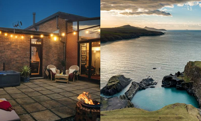 Left image of quirky accomodation in Pembrokeshire hot a hot tub, right image of the Blue Lagoon in Pemrbokeshire. 