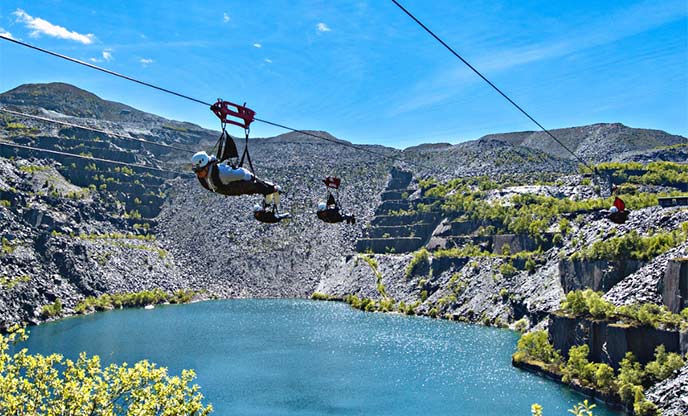 Zip line through a quarry in Wales