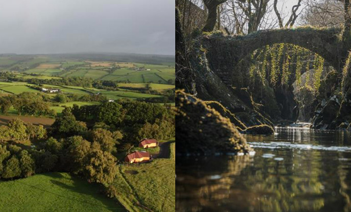 Left image of two cabins in Snowdonia National Park, right image of Penmanhco Bridge, image taken by 'Oh What a Knight'