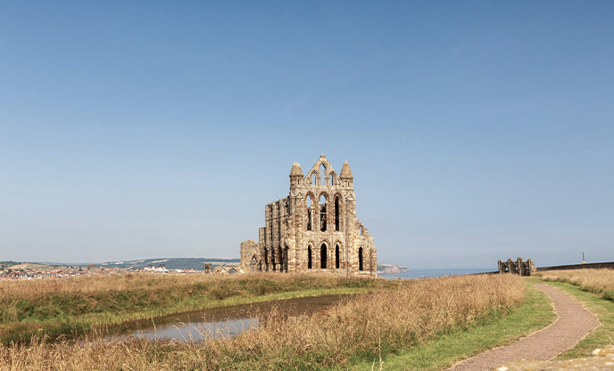 The historic ruins of Whitby Abbey on the cliff in Whitby in Yorkshire