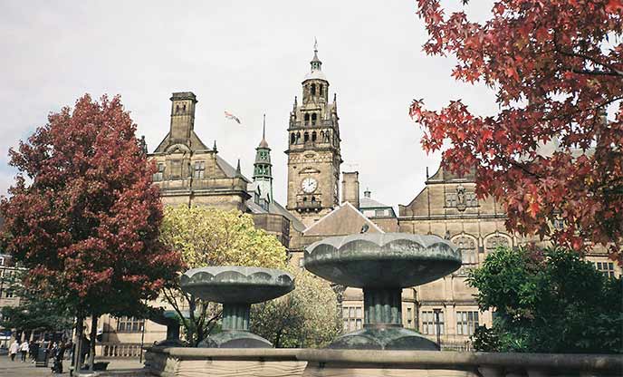 A series of fountains and historic buildings in Sheffield